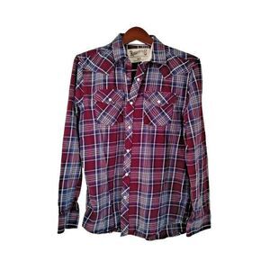 Roebuck & Co Men M Burgundy/Blue Plaid Pearl Snap Button Flannel Chore Work Shir
